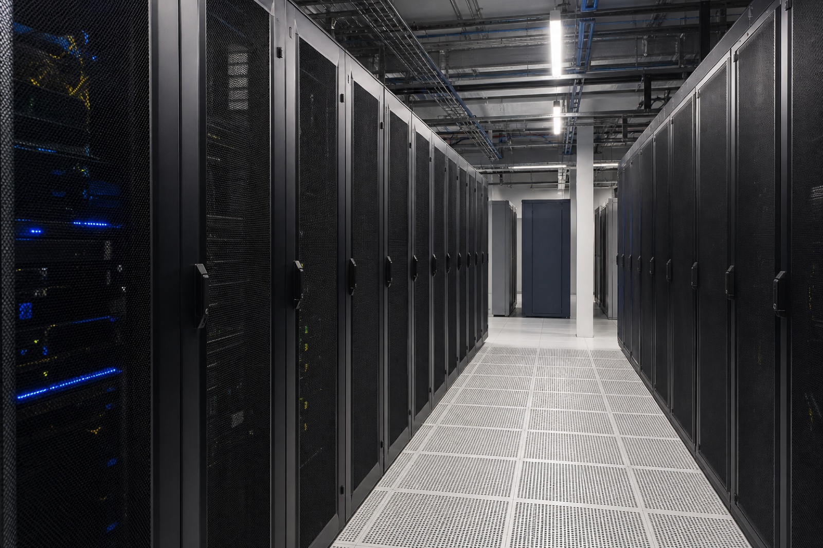 A professionally maintained data centre with rows of server cabinets